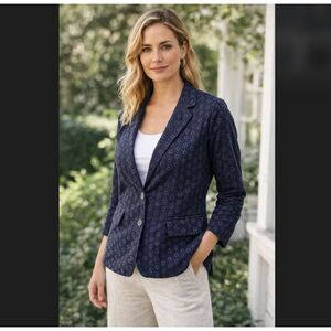 Cynthia Rowley Eyelet Blazer L Blue Cotton Floral Cutout Jacket Pocket Cottage
